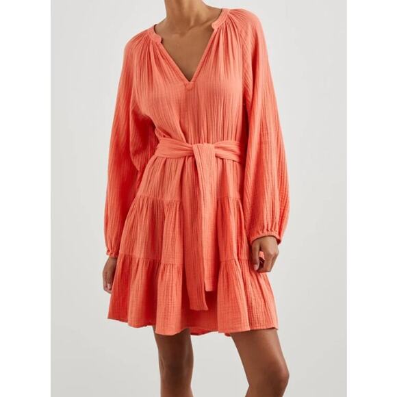 NEW $228 Rails Aureta Mini Dress Medium Cotton Gauzy Long Sleeve Belted Summer - Picture 1 of 7